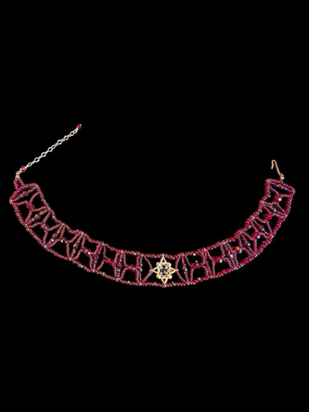 Vintage Open Work Beaded Gold Tone Crystal Pendant Choker 12.5" To 14.5" Long